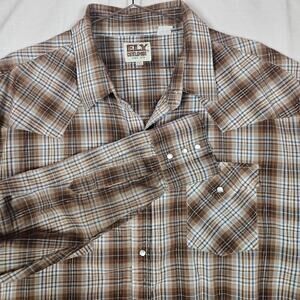 Vintage Ely Cattleman Shirt Mens 2XL Brown Plaid Long Sleeve Western Snap Cowboy